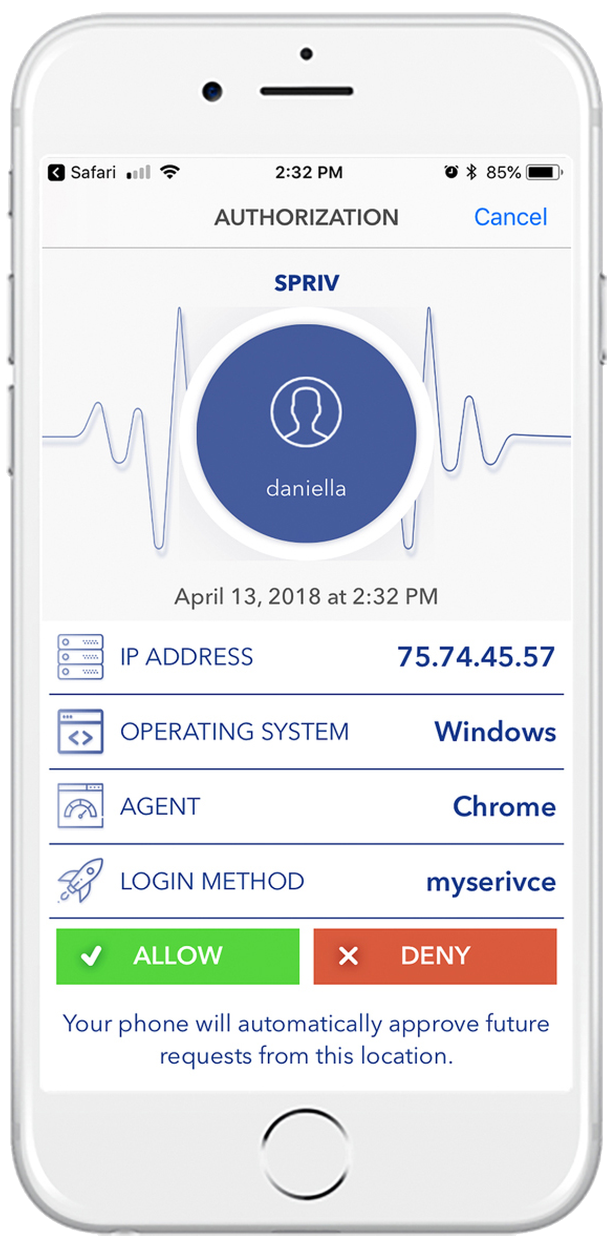 Adaptive Multi Factor Authentication authorization prompt on the Spriv mobile app