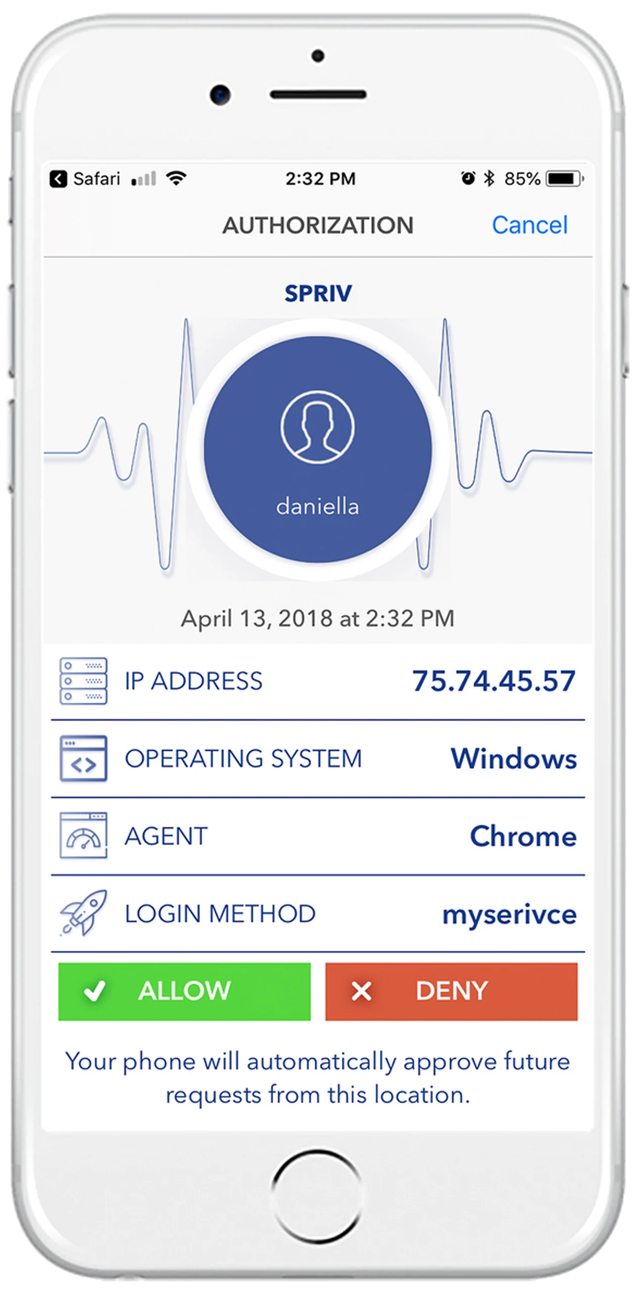 Adaptive Multi Factor Authentication authorization prompt on the Spriv mobile app