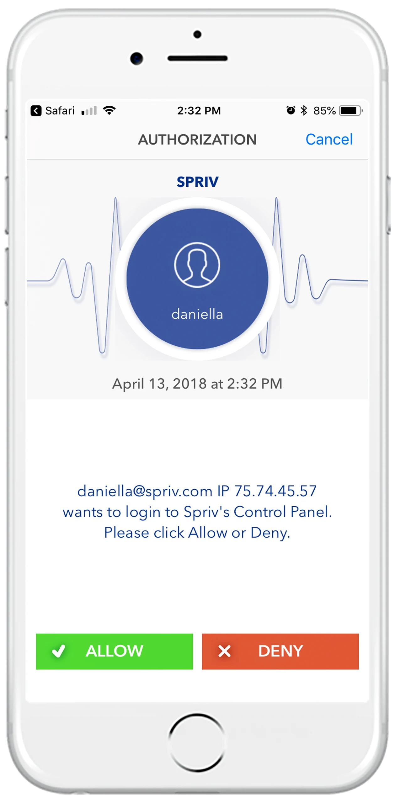 Allow / Deny push prompt on the Spriv mobile app