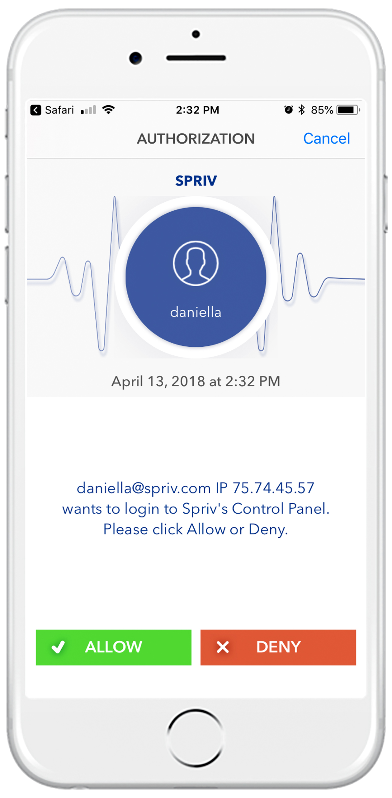 Allow / Deny push prompt on the Spriv mobile app