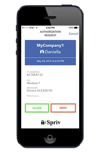 Spriv authorization request on the phone showing the IP address and Windows version of a login attempt