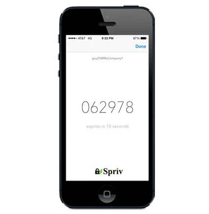 Six-digit TOTP code in the Spriv app, used as an offline second factor for SSH