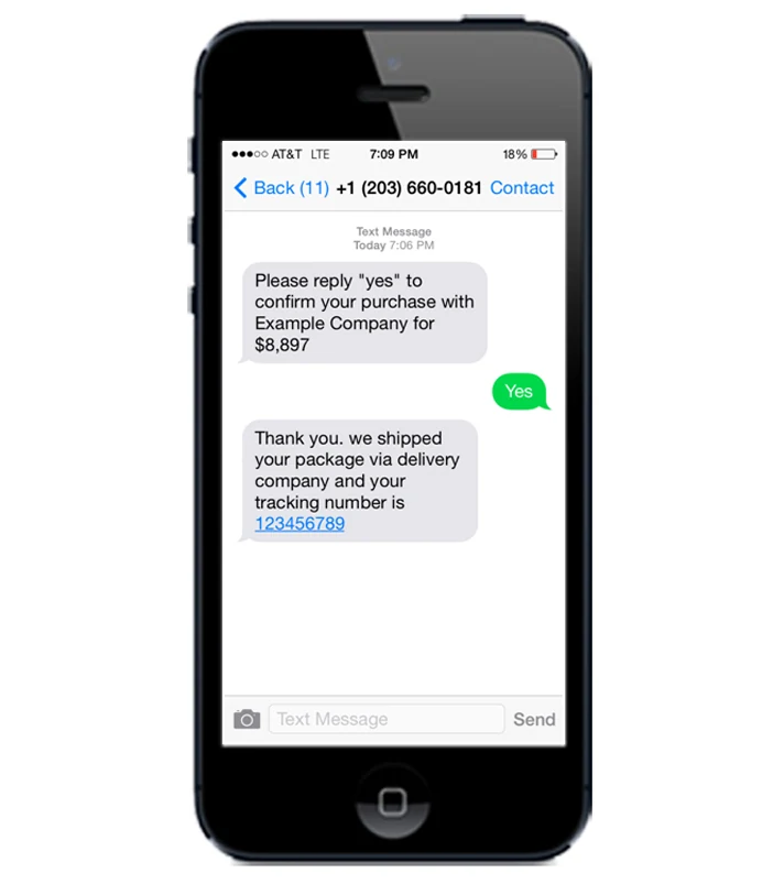 Two-way SMS asking the customer to reply yes to confirm a purchase