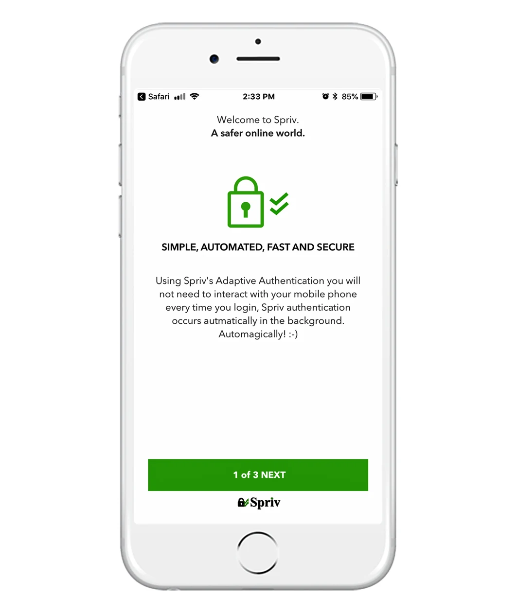 Spriv mobile app welcome screen: simple, automated, fast and secure two factor authentication