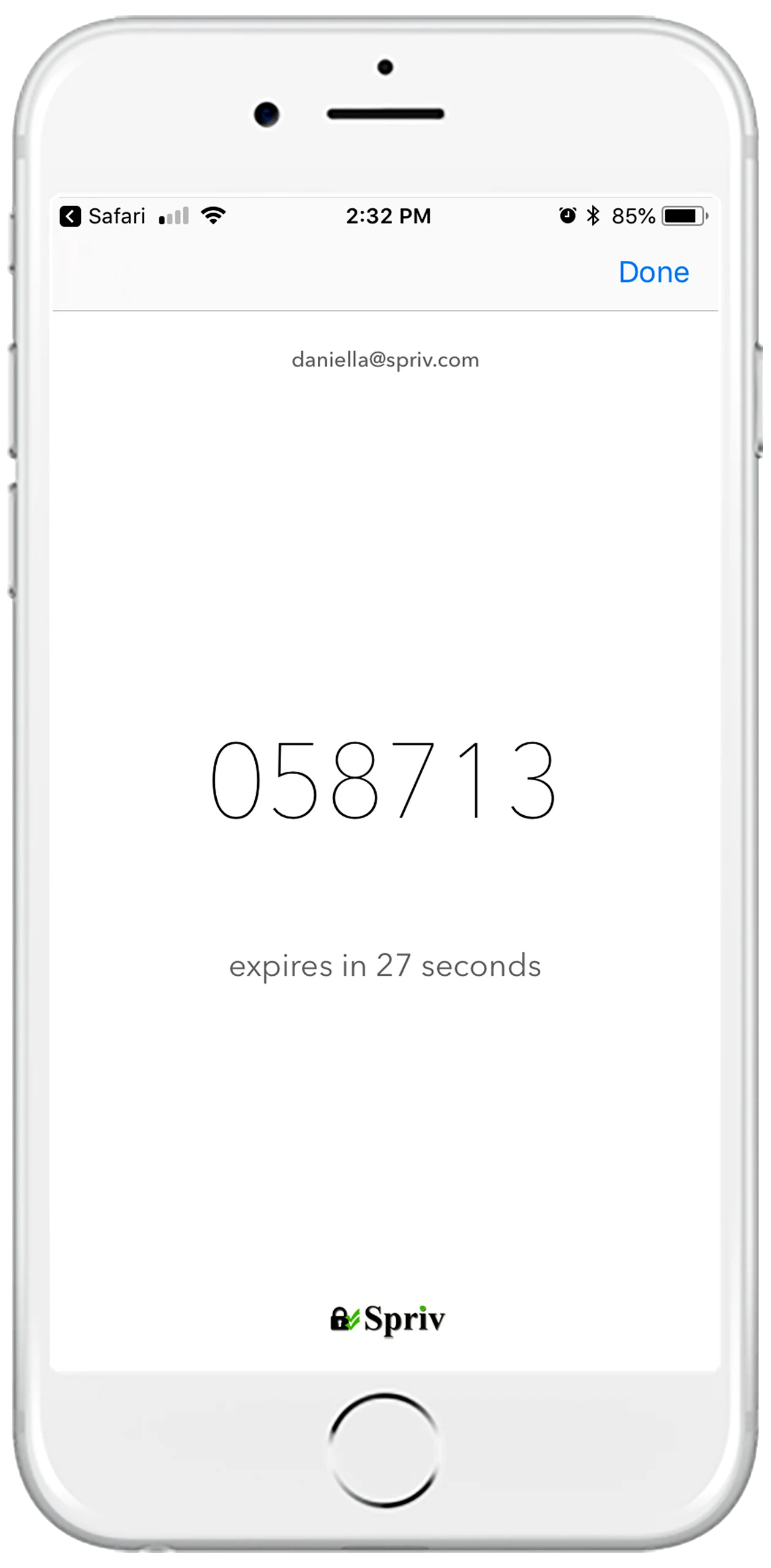 TOTP one-time password on the Spriv mobile app