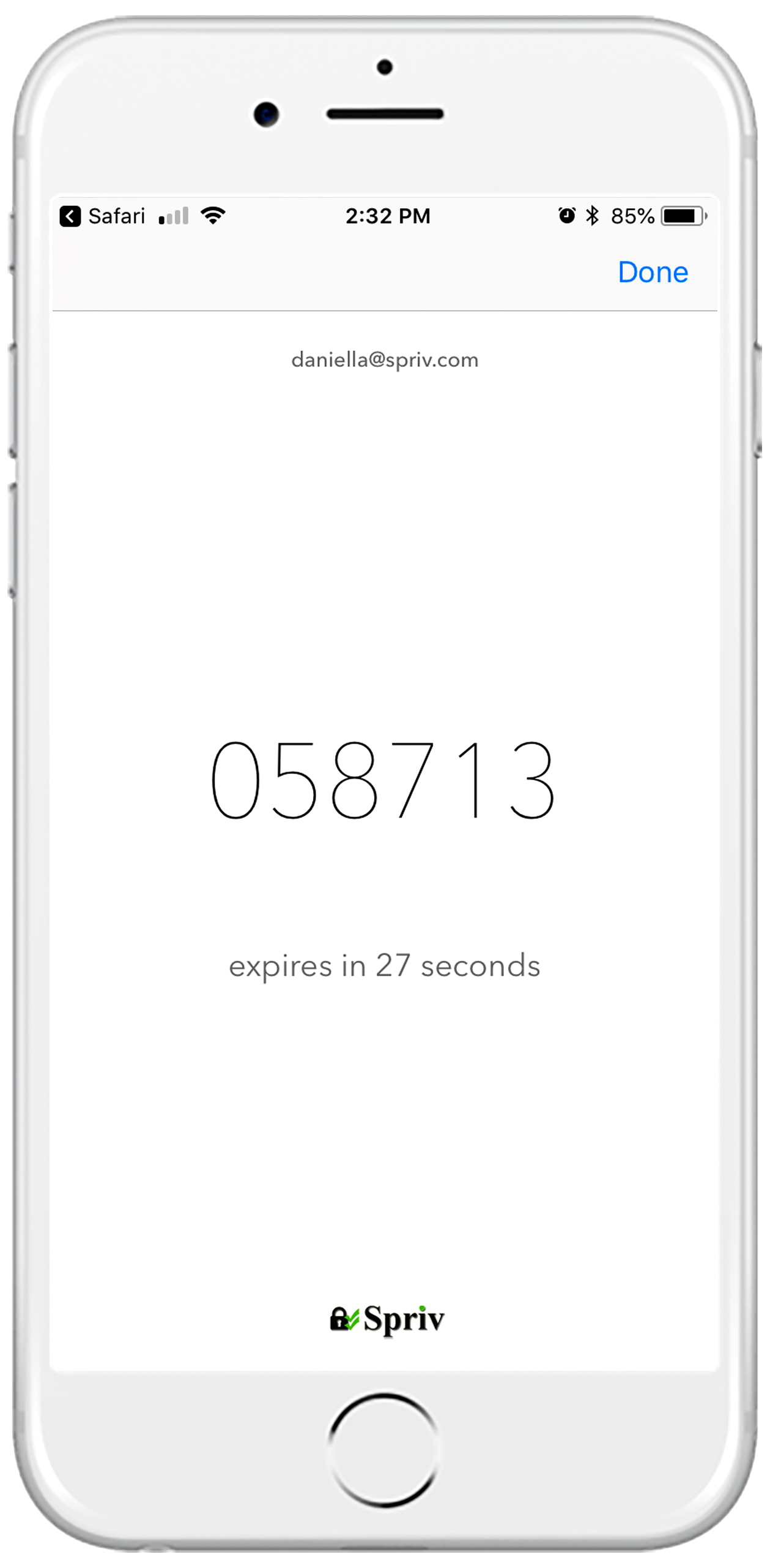 TOTP one-time password on the Spriv mobile app